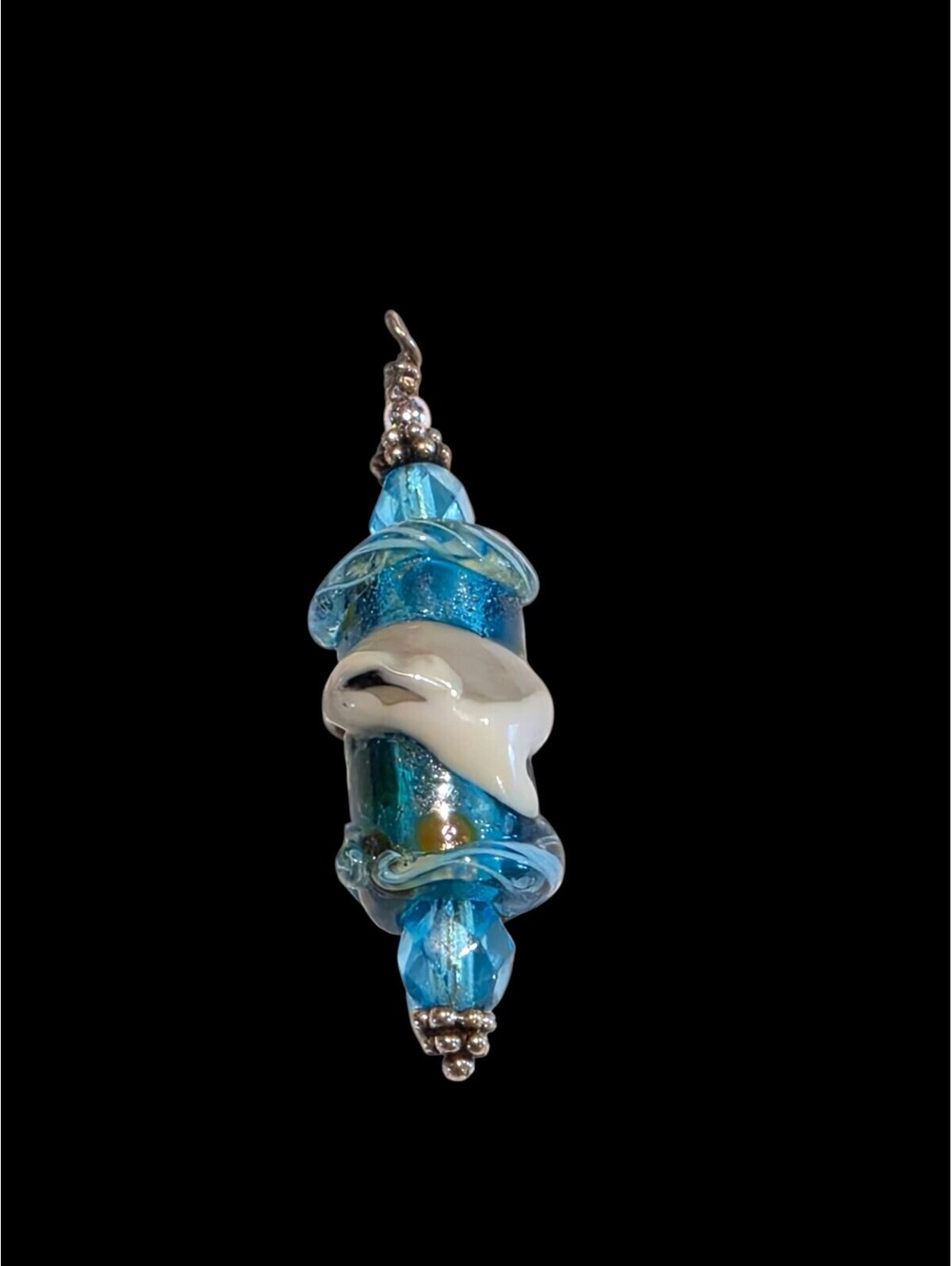 Artisan Lampwork Glass Dolphin Pendant 3D Sculptural Ocean Wave Sterling Silver